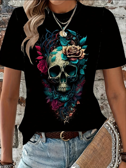 Women's fashion casual loose floral skull print round neck short sleeved comfortable T-shirt top