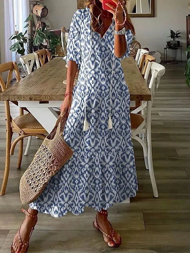 Women's Boho Maxi Dress – Casual V-Neck Drawstring Long-Sleeve Printed Bohemian Dress