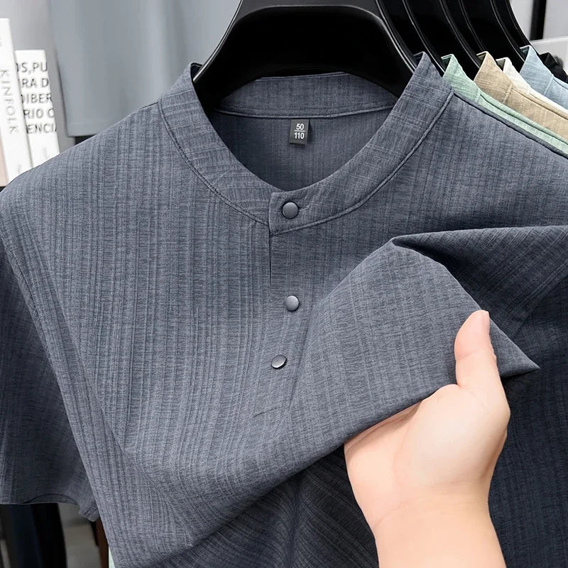 Men's Mandarin Collar Henley - Three-Button, Breathable Slim Fit