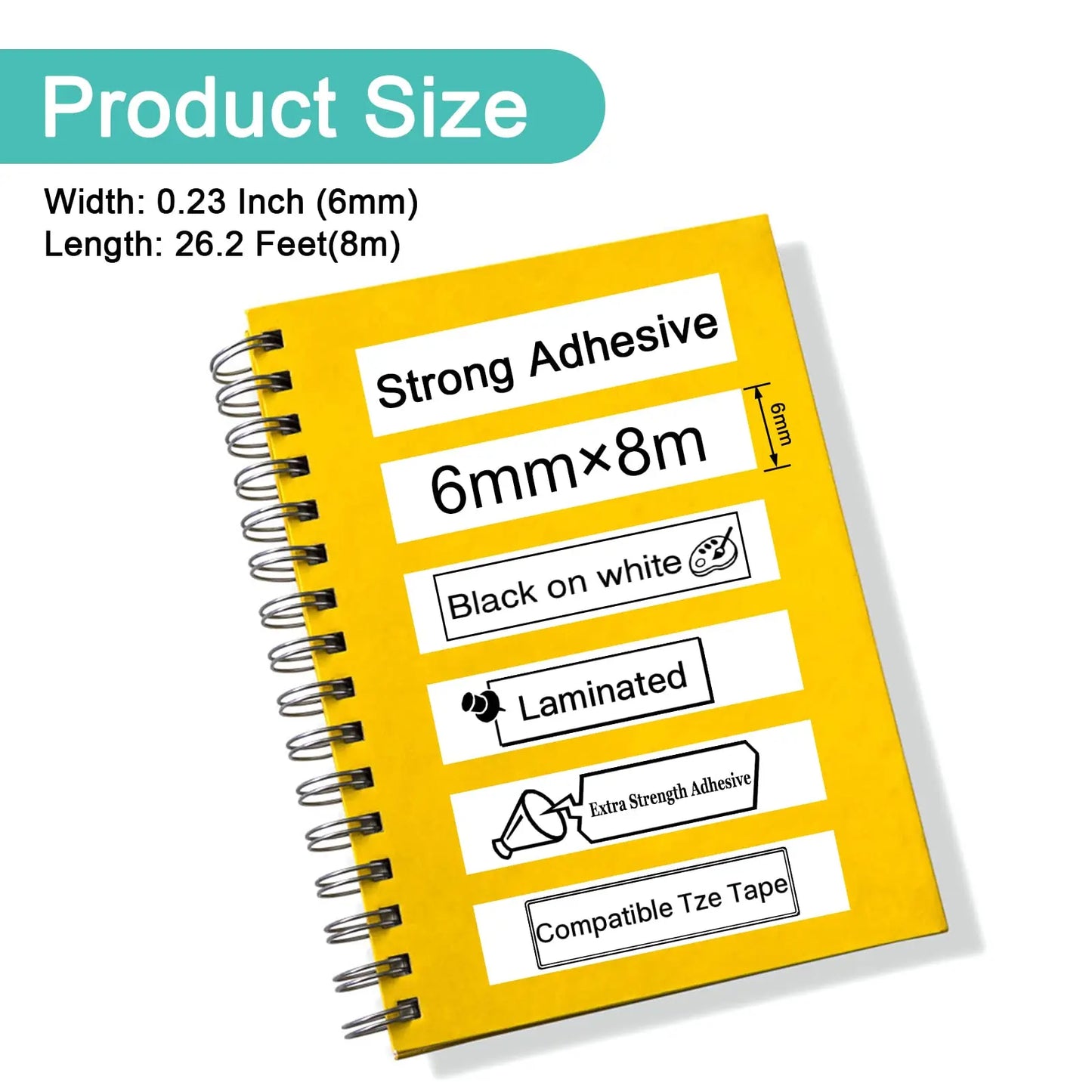 5PK Strong Adhesive Laminated Label Tape Compatible for Brother TZE-S211 6mm Black on White Label Tape for PT-1000 Label Printer