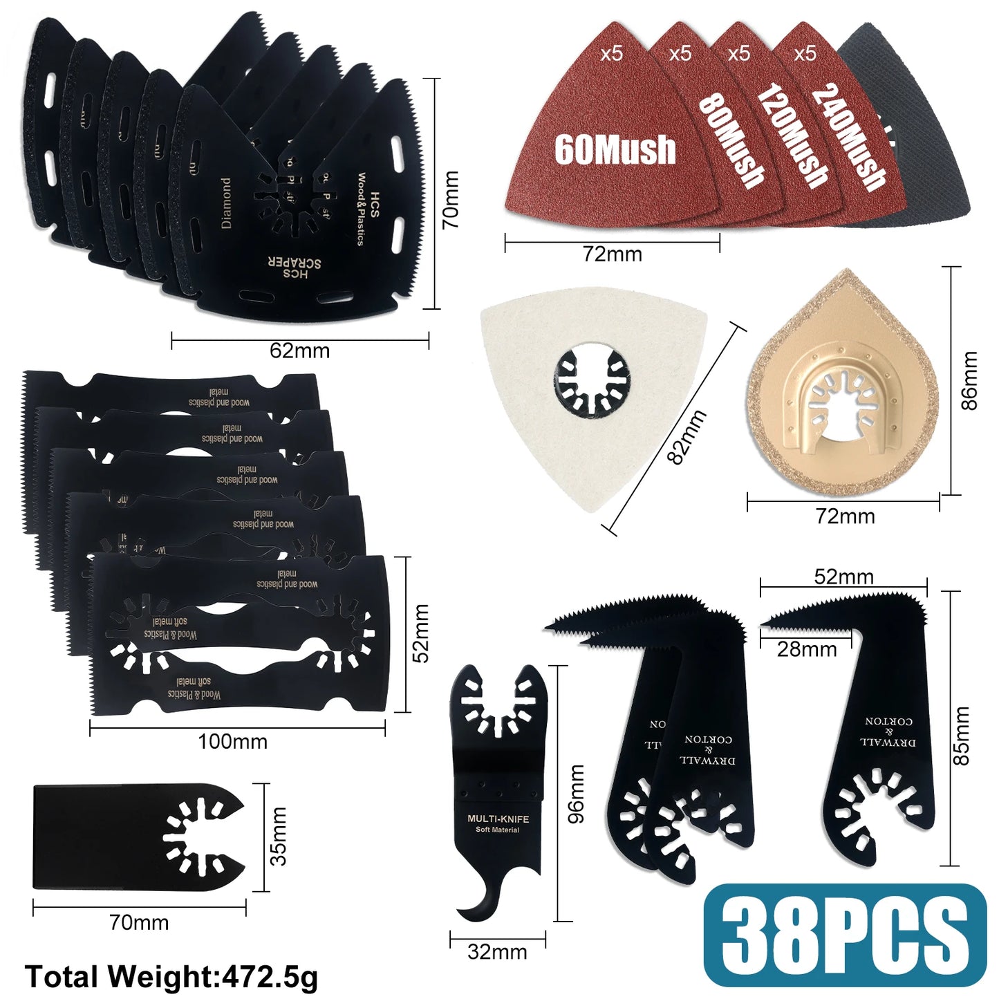 Japanese Tooth Carbide Oscillating Saw Blade Kit 10-39Pcs Arc Edge Oscillating Multitool Blades Precise Cut for Wood PVC Iron
