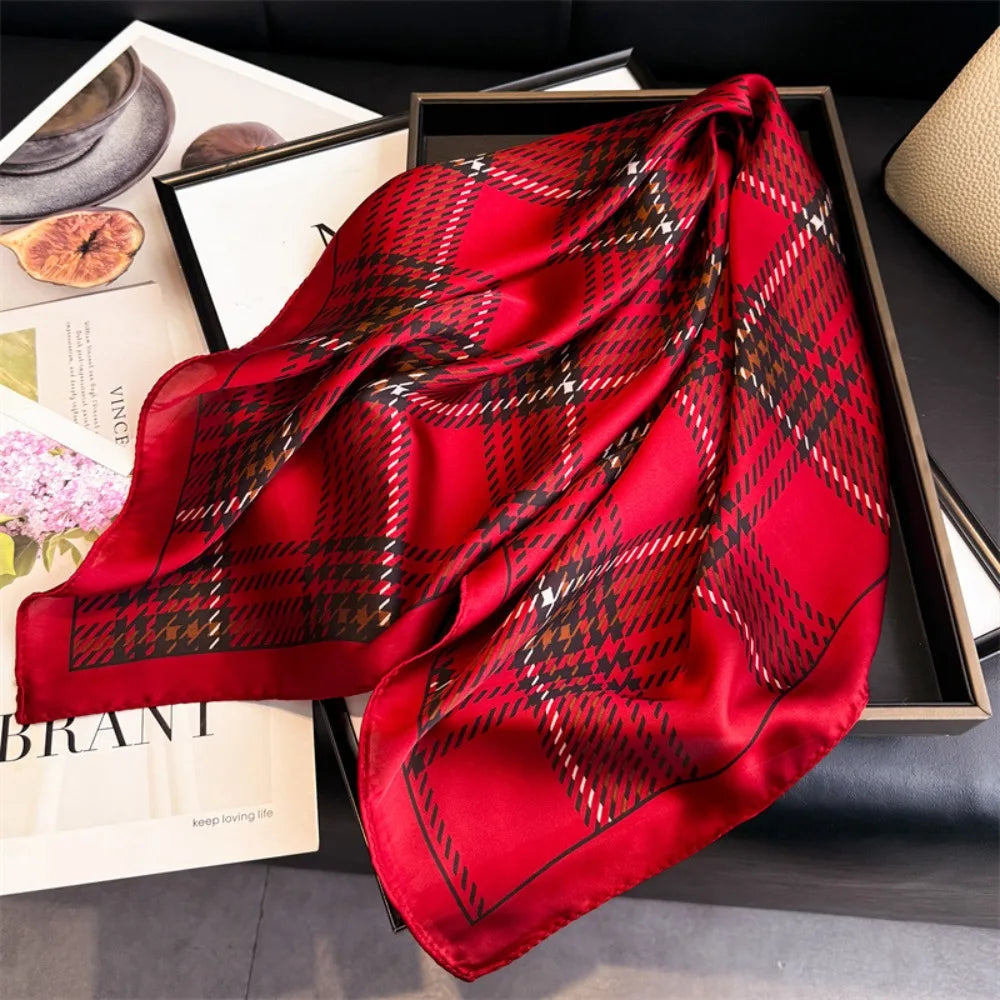 Women's Plaid Print Square Scarf - Silky Neckerchief & Hairband - photo 2