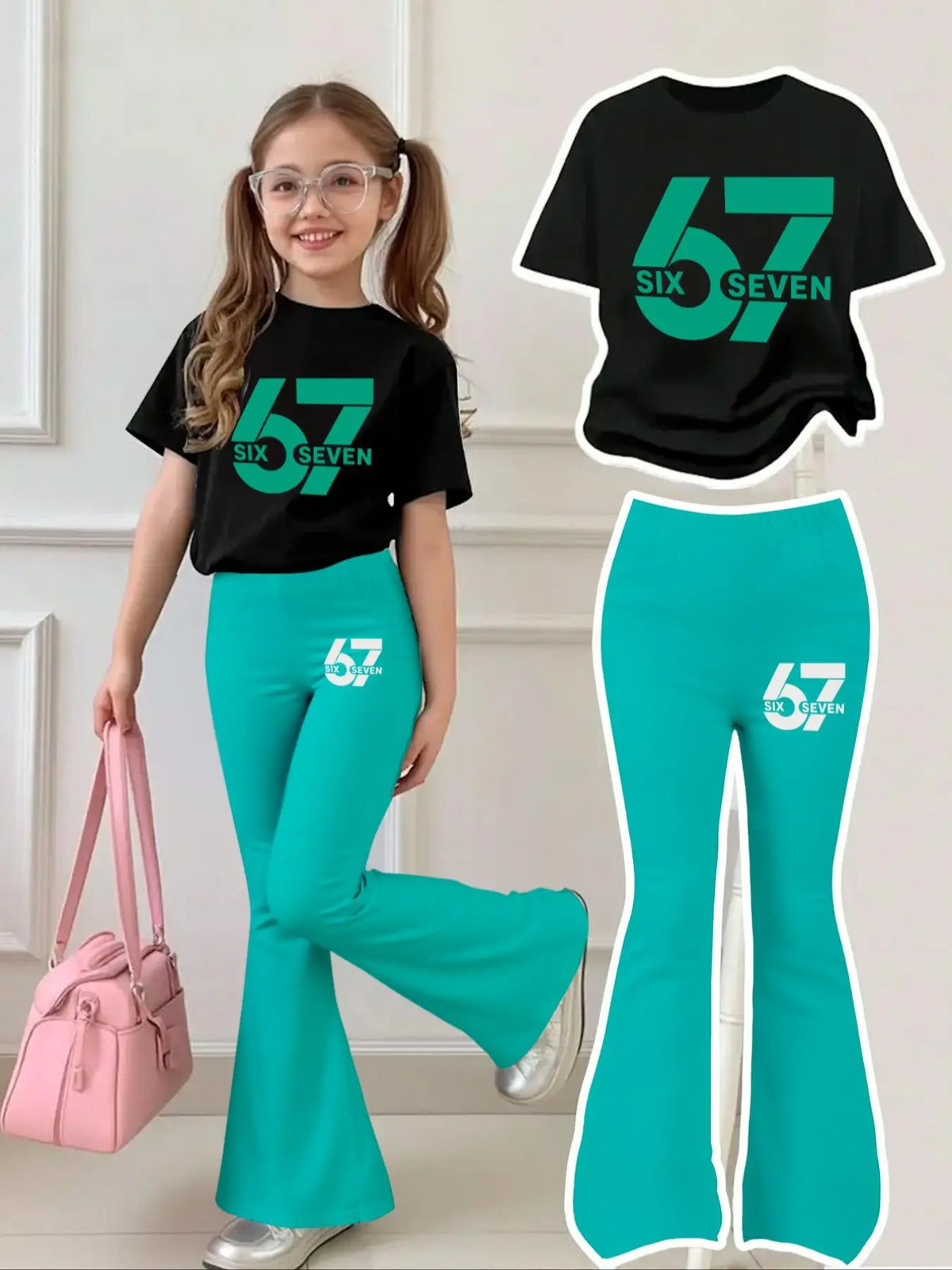 Fresh Mint Green Short-Sleeve Letter-Number Outfit for Girls Aged 4-12, with White Short-Sleeve Top and Mint Green "67 Six Seven" Letter-Number Print on Bell-Bottom Pants