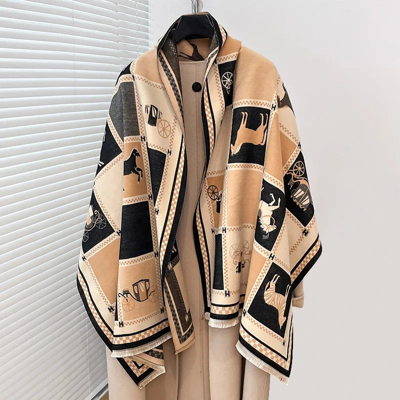 Women's Horse Print Poncho Shawl Wrap, Thick Winter Scarf