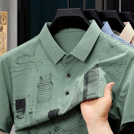 Men's Skyline-Print Polo - Thin Lightweight, Two-Button Lapel