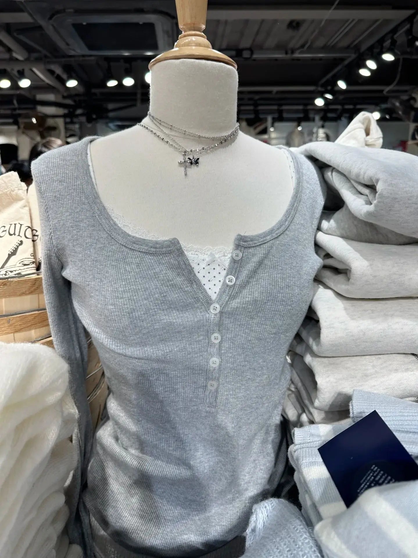 Women's Ribbed Long-Sleeve Top — Six-Button Slim Round-Neck Y2K Tee