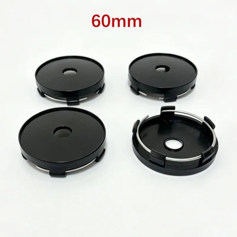 Blank Wheel Centre Caps (4-Pack) — Universal Hub Covers, No Logo, 48mm–68mm, Black/Chrome/Silver