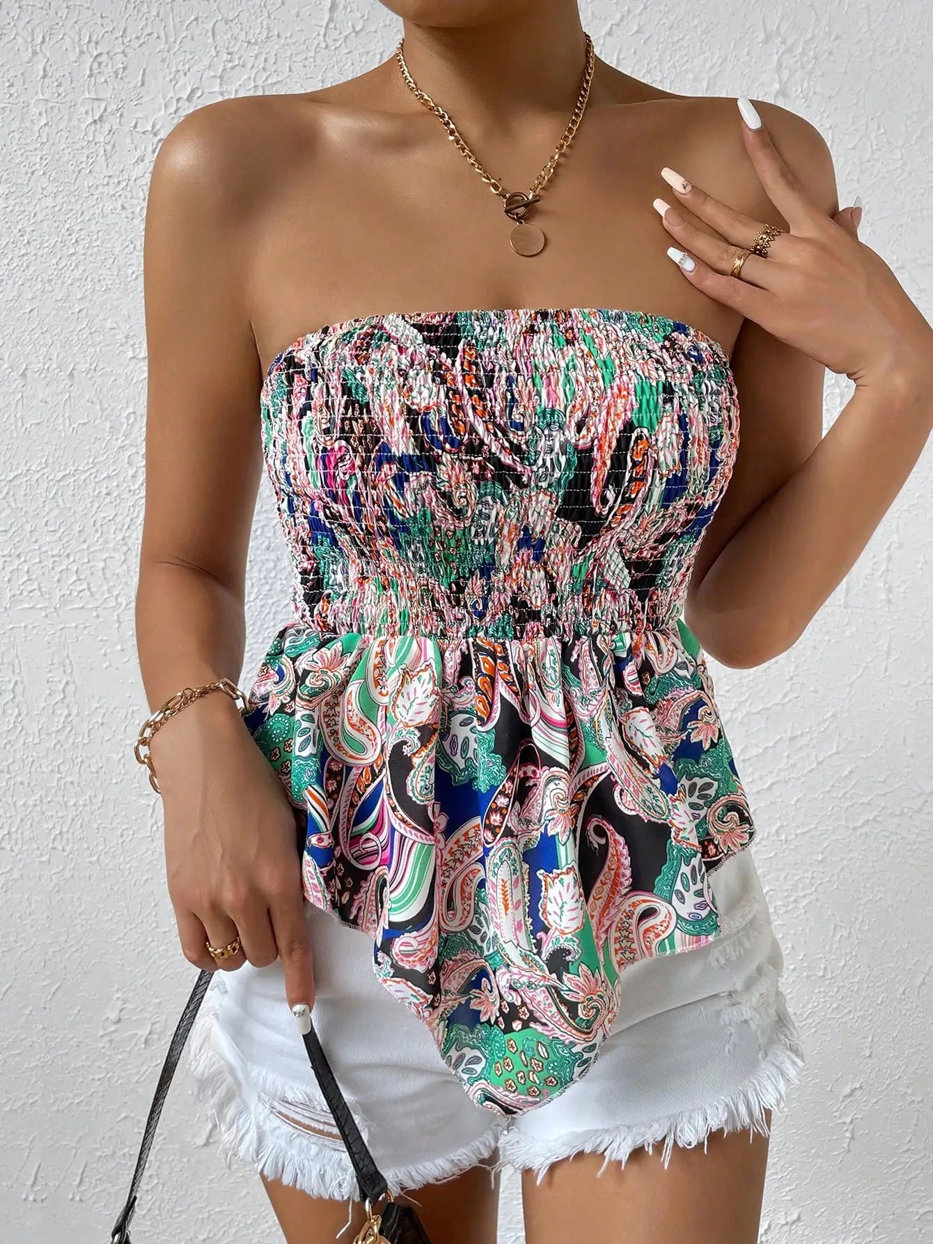 Cross border hot selling for European American women full width printed irregular hem sexy strapless collection summer top