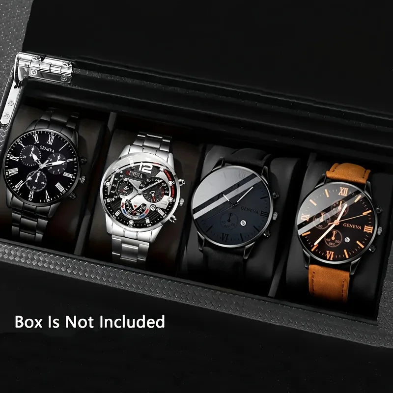4pcs Fashion Men's Quartz Watch Set Decorative Three-eye Dial Men Business Watches Relogio Masculino（Without Box）