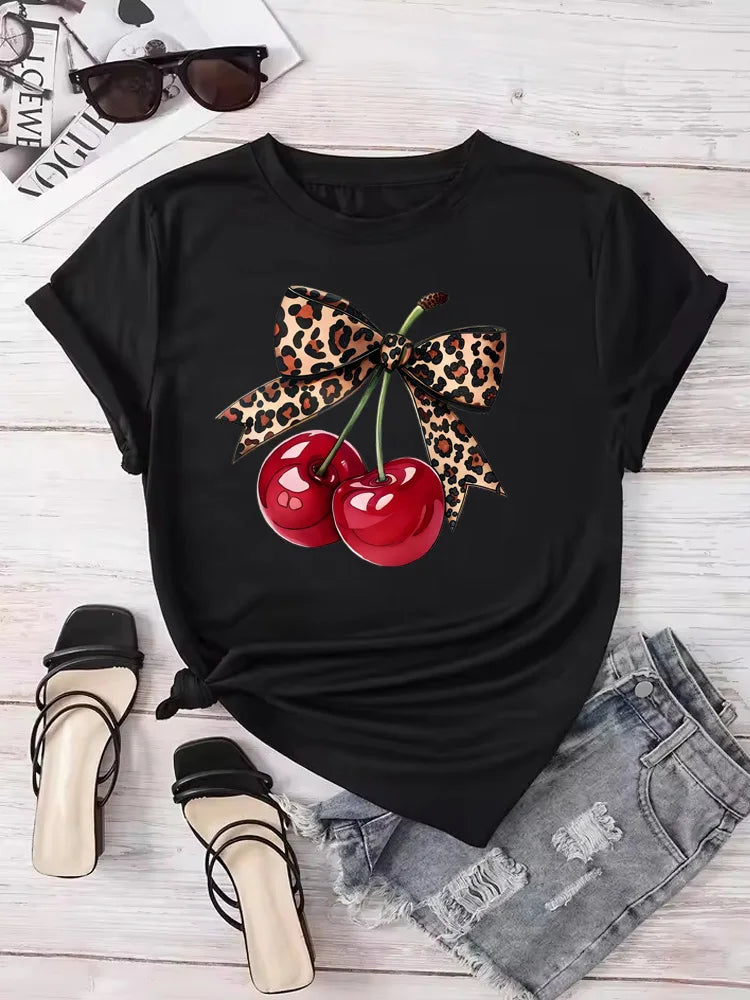 Women's Cherry-Print Tee — Crew-Neck Casual Short-Sleeve Top
