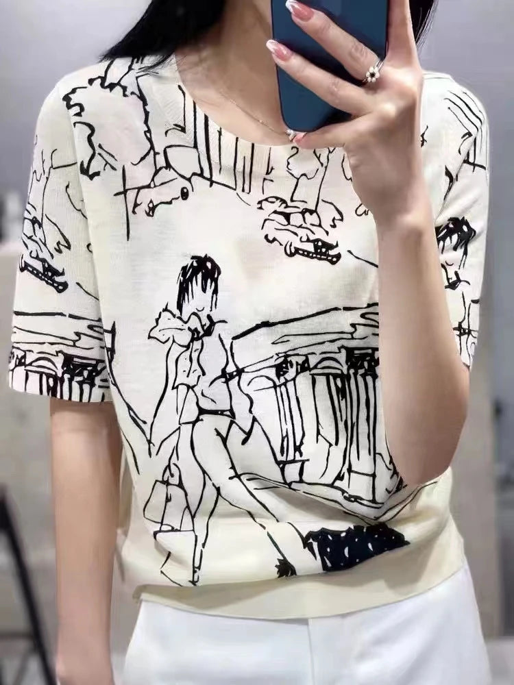 Summer Women's Thin Section Graffiti Digital Jacquard Round Neck Fine Imitation Wool Knitted Short-sleeved T-shirt  Pullover Top