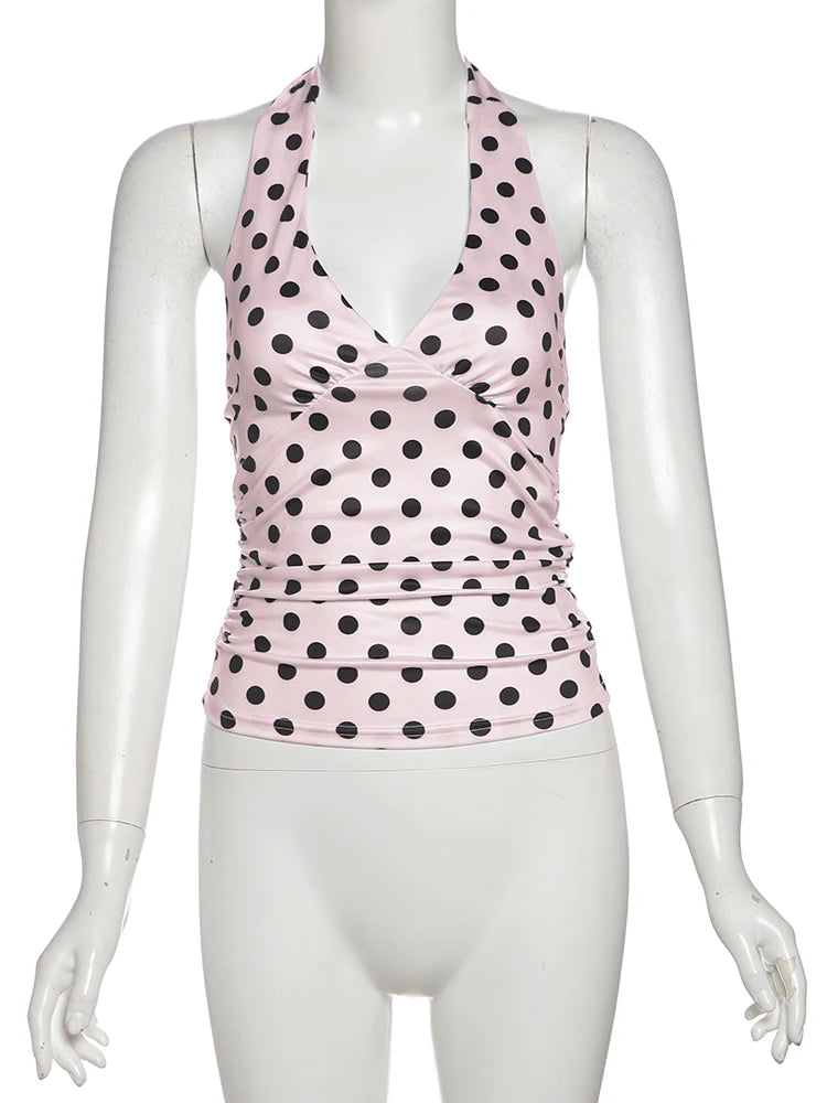 Women's Polka Dot Halter Tank Top – Lace-Up Backless V-Neck Skinny Y2K Streetwear Vest