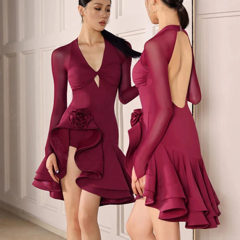 Women's wine red deep-V Latin dress with fishbone skirt