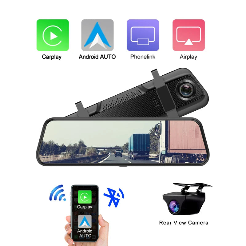 10 Inch 4K Mirror Dash Cam Suppost Wireless Carplay & Android Auto WIFI GPS Navigation Dual Lens Video Recorder Car Dvr