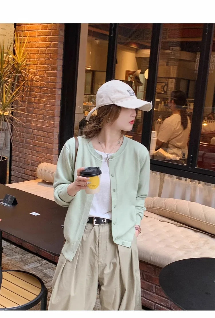 Women's slim button cardigan, crew neck knit — view 14 of 20