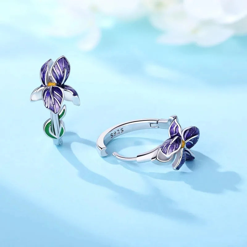 925 Silver Iris Flower Earrings – Purple Floral Drops