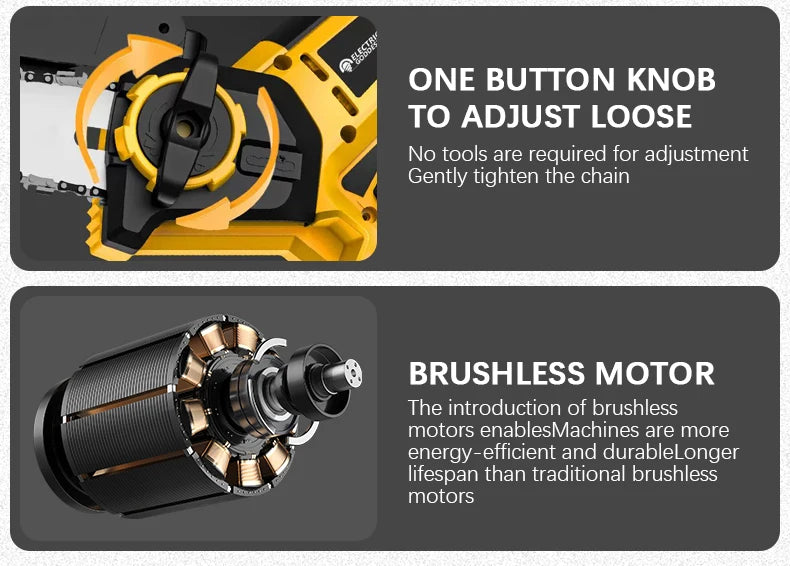 8 Inch 1380W Brushless Yellow Electric Chain Saw Professional Garden Pruning Saw Power Tool For Dewalt 20V Battery Pin