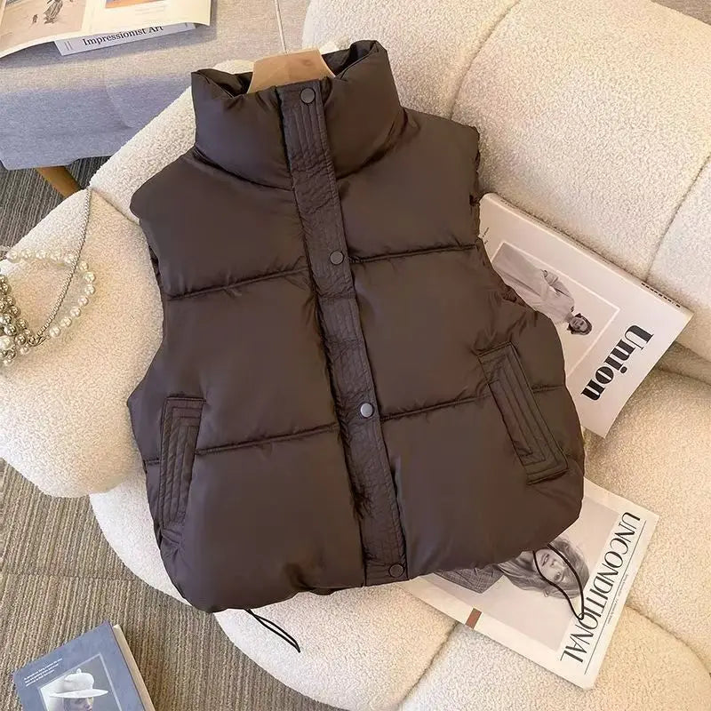 Women's Stand Collar Puffer Vest - Solid Color Zip Up Waistcoat