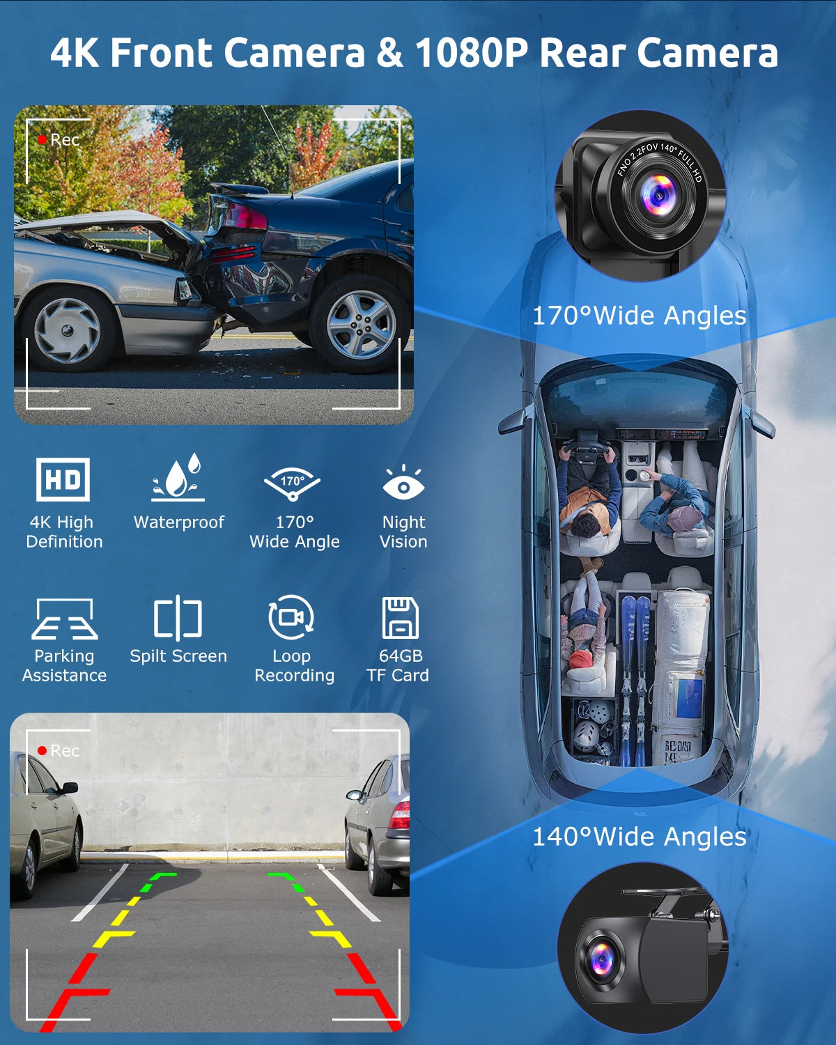 ESSGOO 10.26"4K 64G Portable Touch Screen Wireless Bluetooth Stereo CarPlay Android Auto Card Dual Lens Car Dash Cam FM AUX WIFI
