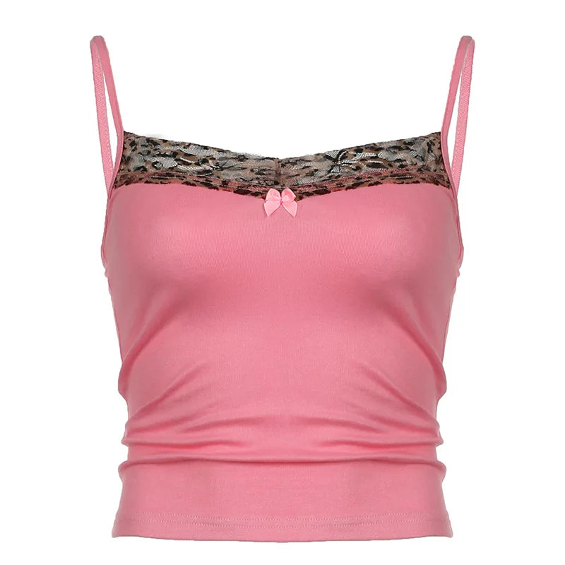 Women's Vintage Leopard Print Crop Top - Sleeveless, Cute Bow Patchwork, Y2K Style, Casual Tees