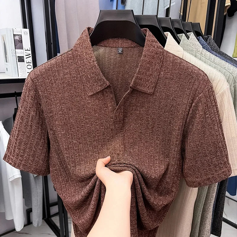 Men's Ribbed Lapel Polo - Soft Stretch, All-Season Casual