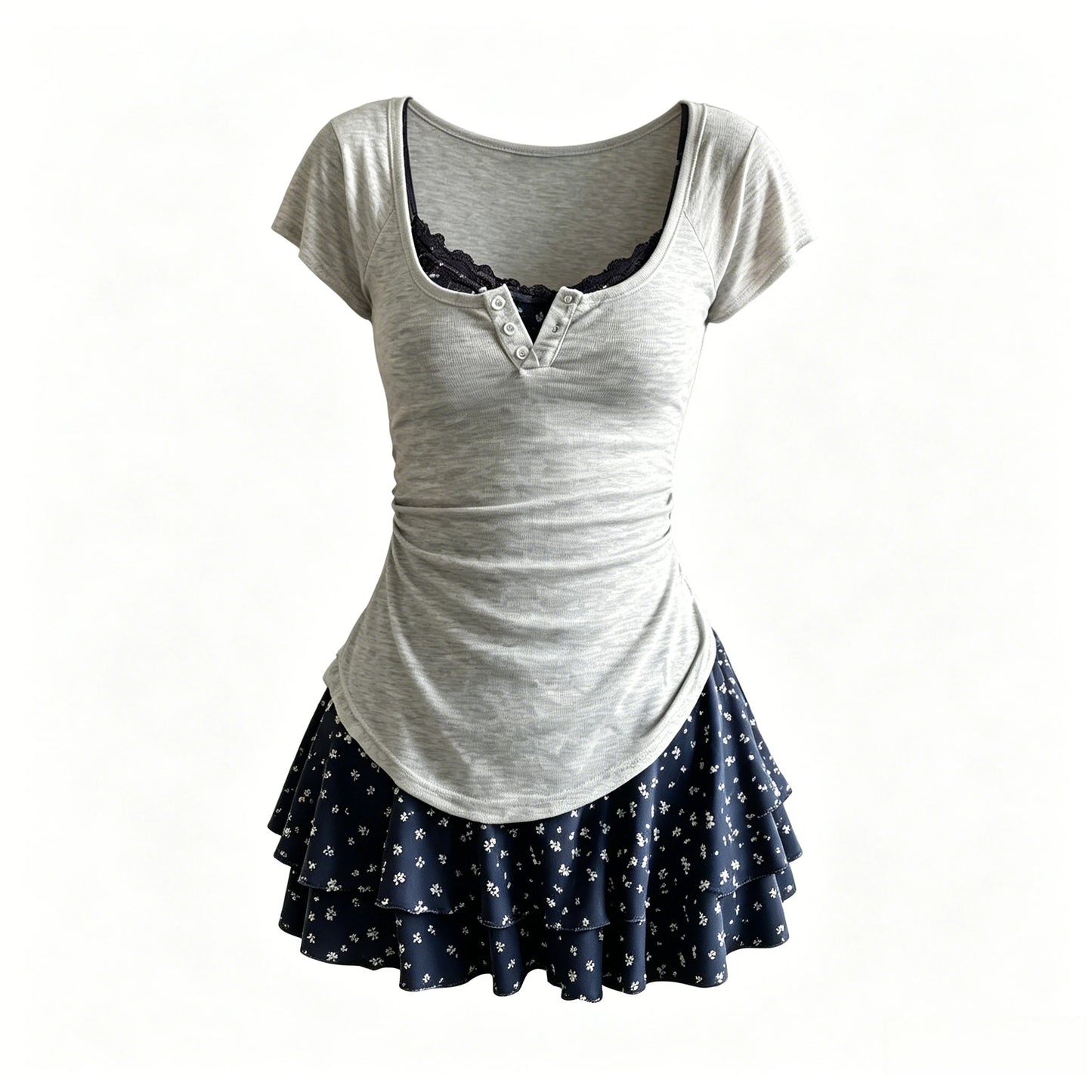 American Retro Two Piece Sets Women Gray Short Sleeve Henley Tops + Layered Ruffle Mini Skirts Harajuku Summer Lace Trim Outfits