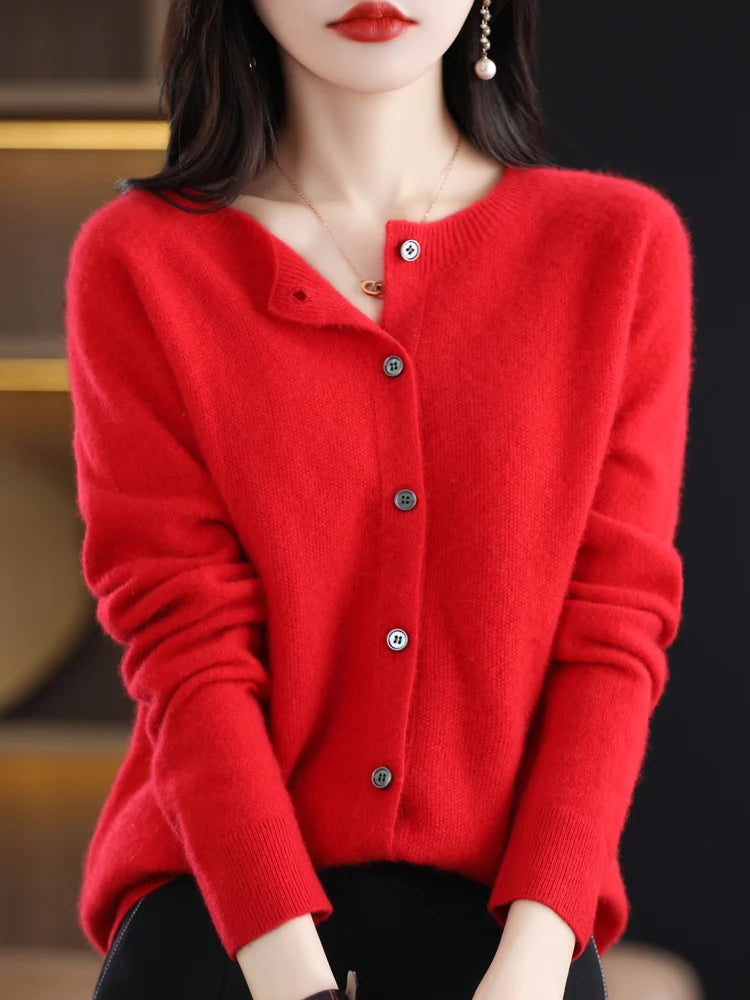 Women Cashmere Sweater 100% Merino Wool Knitted Cardigan Autumn Winter Knitwear O-Neck Female Solid Color Casual Fashion Top