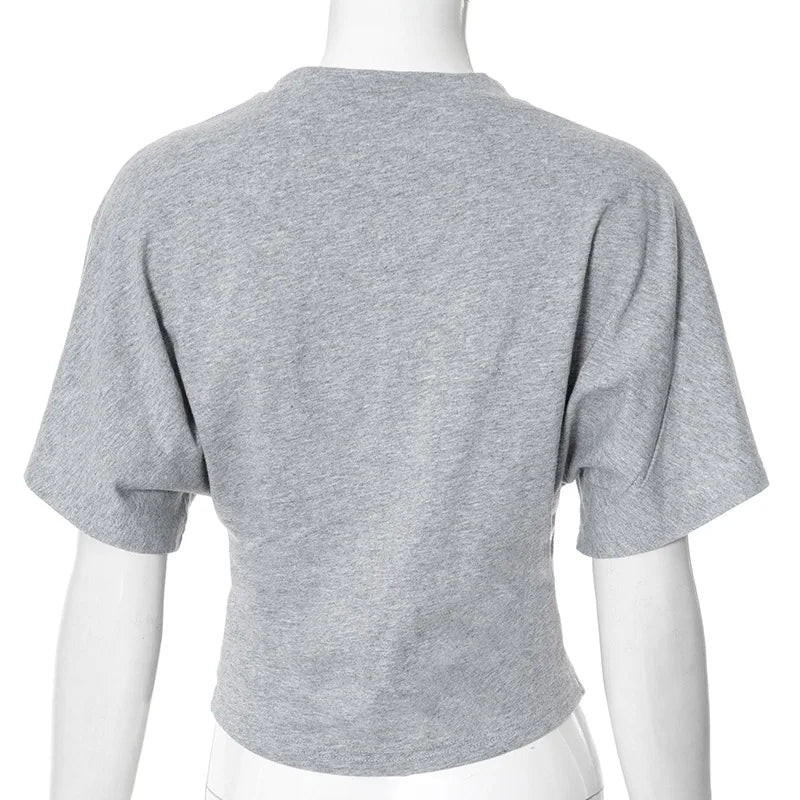 Fashion Casual Solid Gray Cropped T-shirt 2026 Woman Clothes O-neck Corset Tops Streetwear Girls Spring Summer Short Tee Shirts