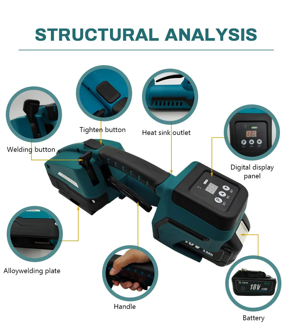 3800N Electric Strapping Machine 13-16mm PET PP Belt Handheld Tool 400W Friction Heat Welding Digital Display Industrial Banding