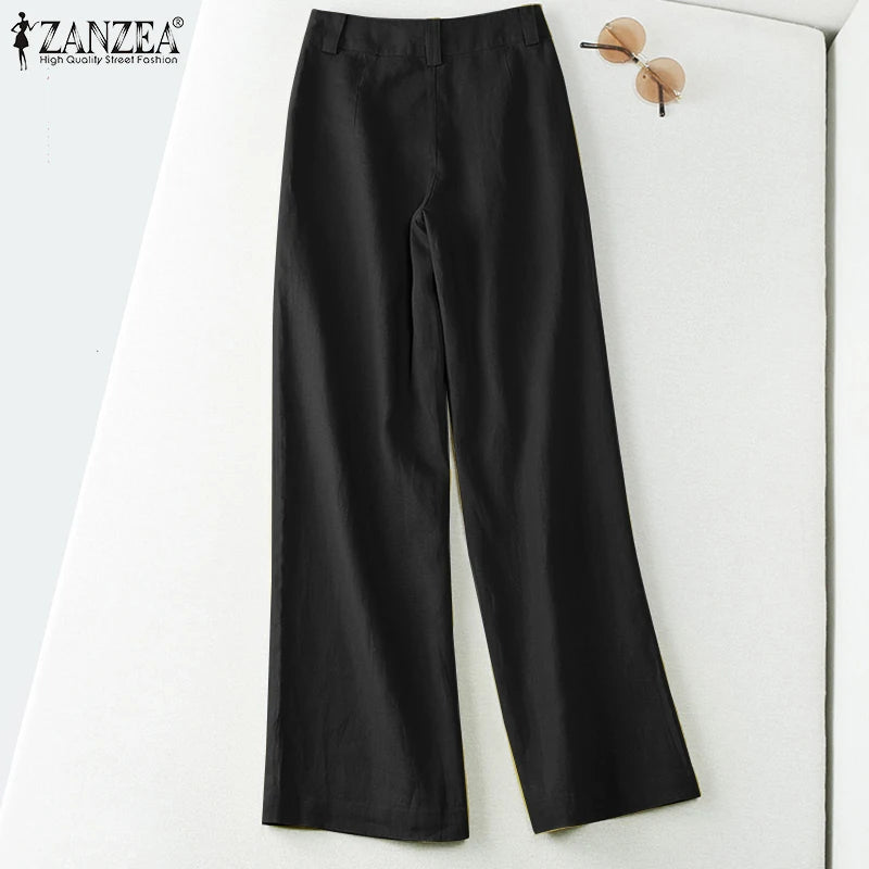 ZANZEA 2026 Spring Summer Cotton Linen Pants Women Long Trousers Wide Leg Plain Holiday Casual Pants Streetwear Fashion Bottoms