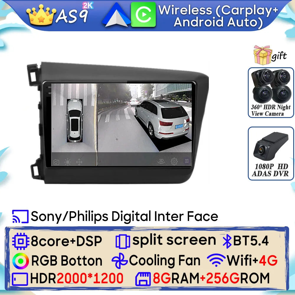 Car Stereo with Apple CarPlay & Android Auto, Compatible with Honda Civic 9 (2012-2015)