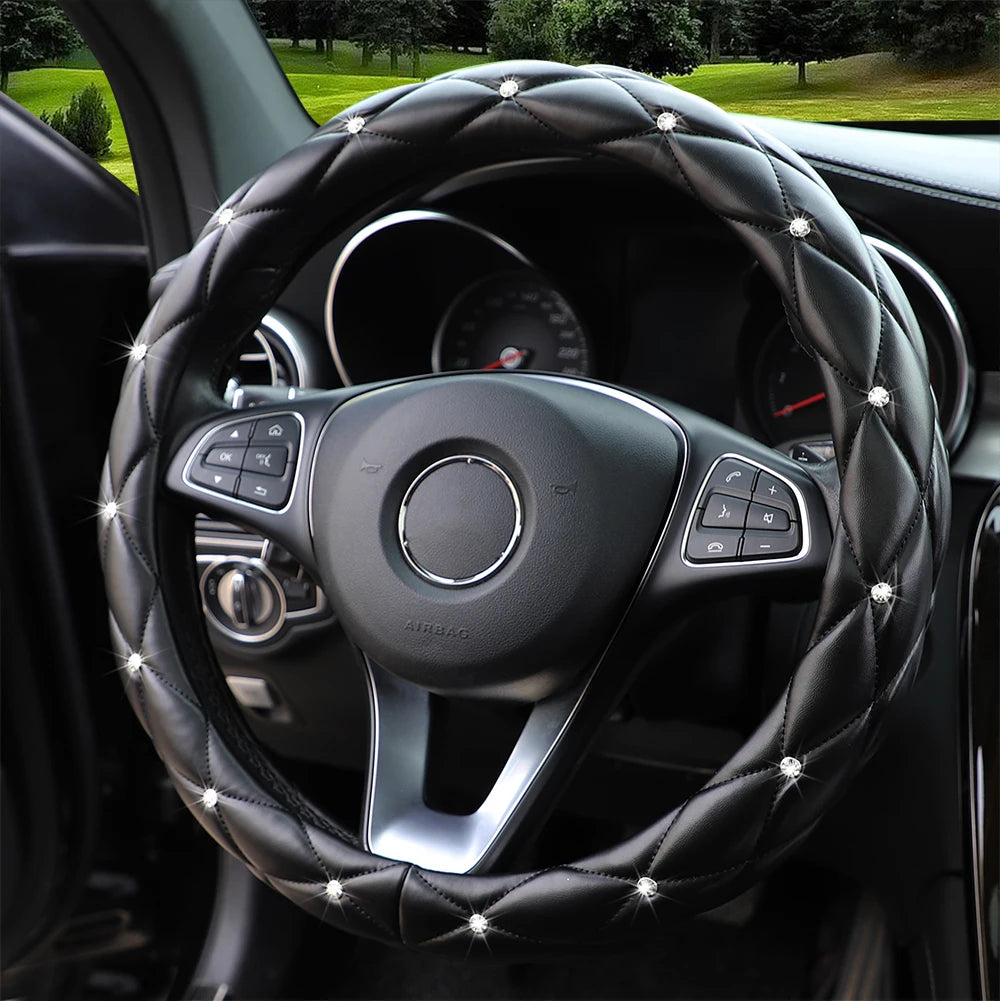 Soft leather embroidered stereo diamond-studded car steering wheel cover with inner ring fits 14.5-15 inches