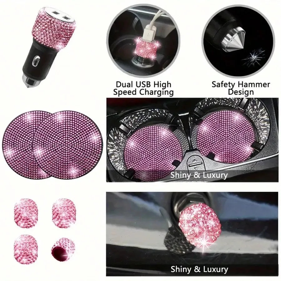 Artificial Diamond Car Steering Wheel Decoration Set Pink Artificial Diamond Steering Wheel Protective Cover, New Fashion Cute Goddess Steering Wheel Cover Set,Car Acessesories Women