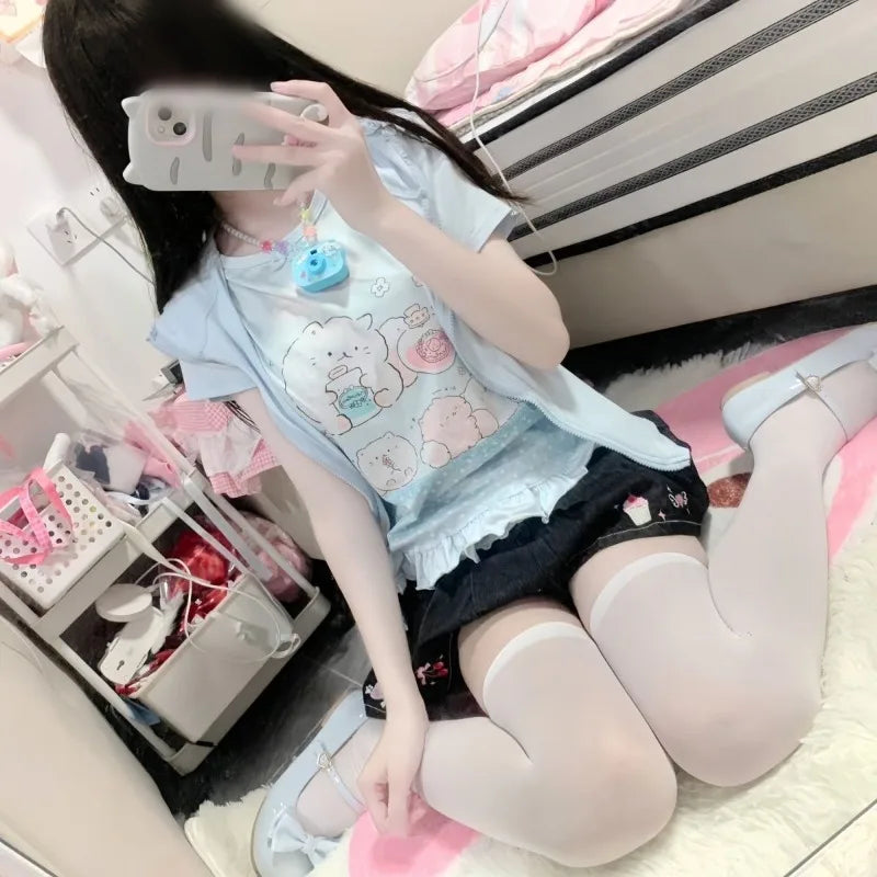 Kimutomo Japanese Petite Sweet Cute Replica Girl Outfit Short Sleeved Top Women Versatile Group Print Butterfly Round Neck