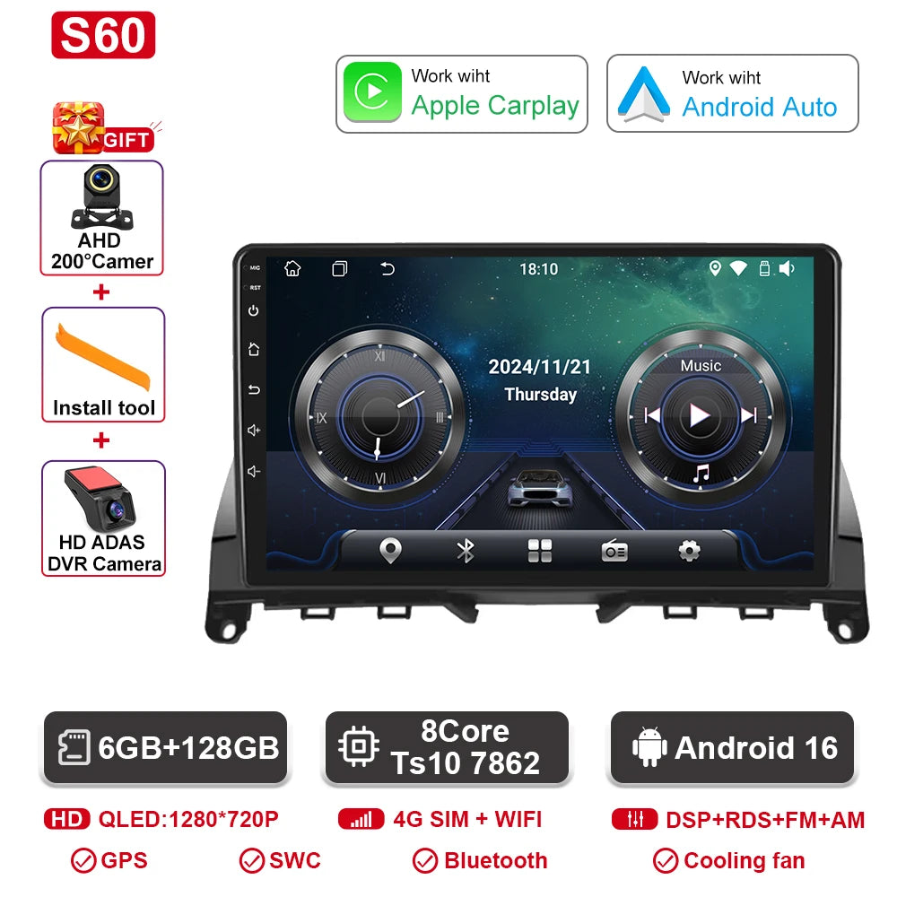 Android  For Mercedes Benz C Class 3 C220 C180 W204 S204 2006 - 2011 Car Auto Carplay Radio Multimedia Screen GPS Navigation  BT