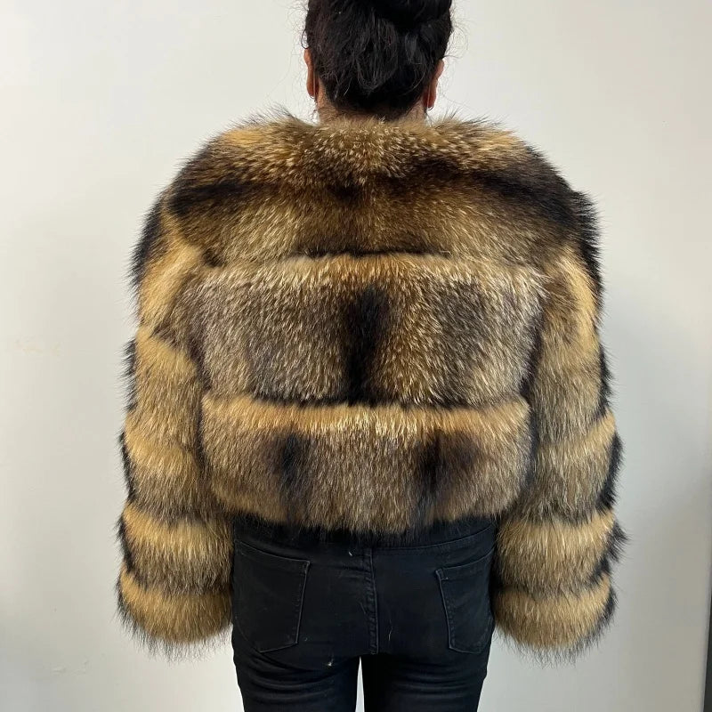 Women's Short Raccoon Fur Coat, Winter Jacket