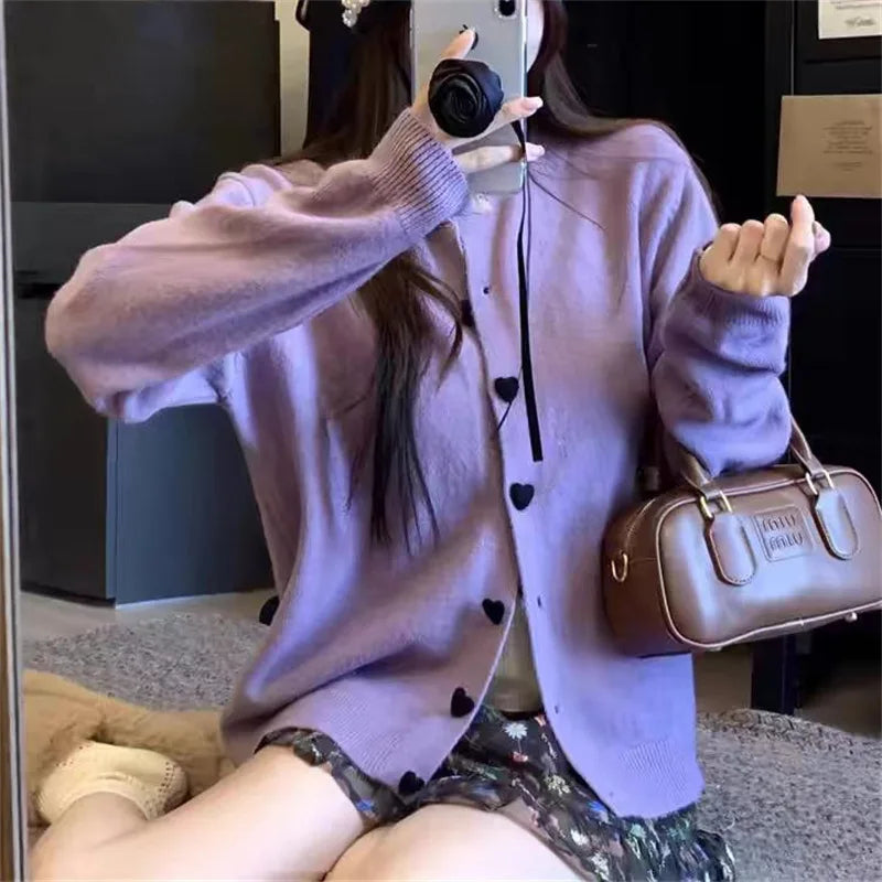 Knitted Cardigan for Women in Autumn Love Button Loose Soft Sweater Jacket Trendy