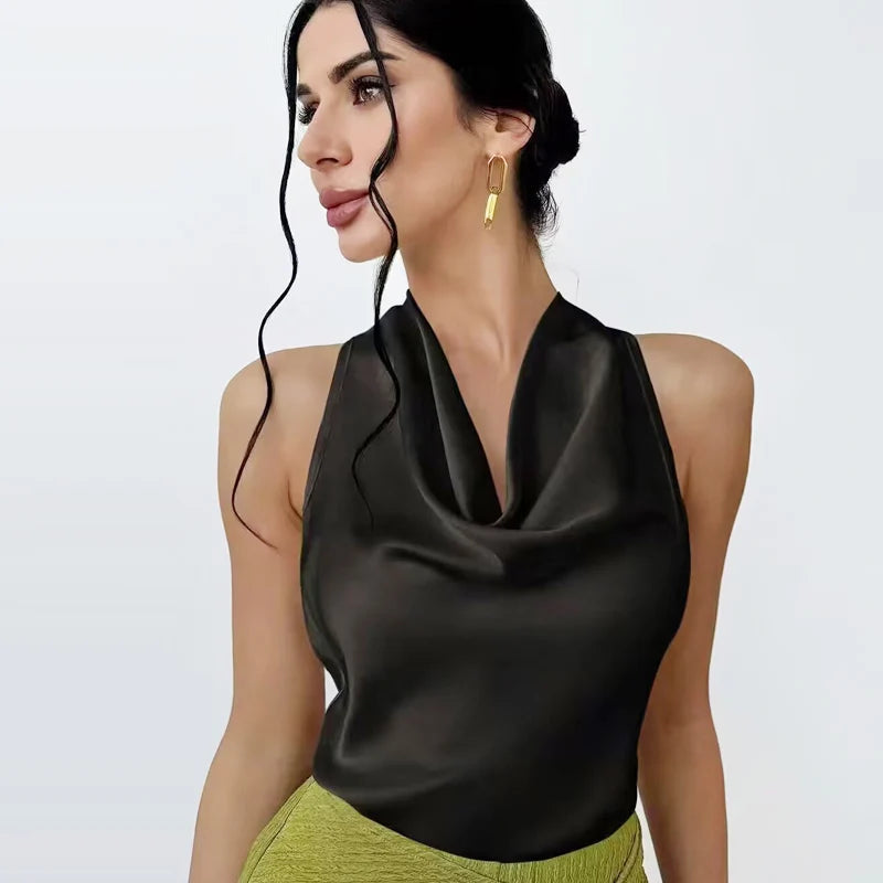 Women's Satin Halter Crop Top — Off-Shoulder Backless Sleeveless Cami