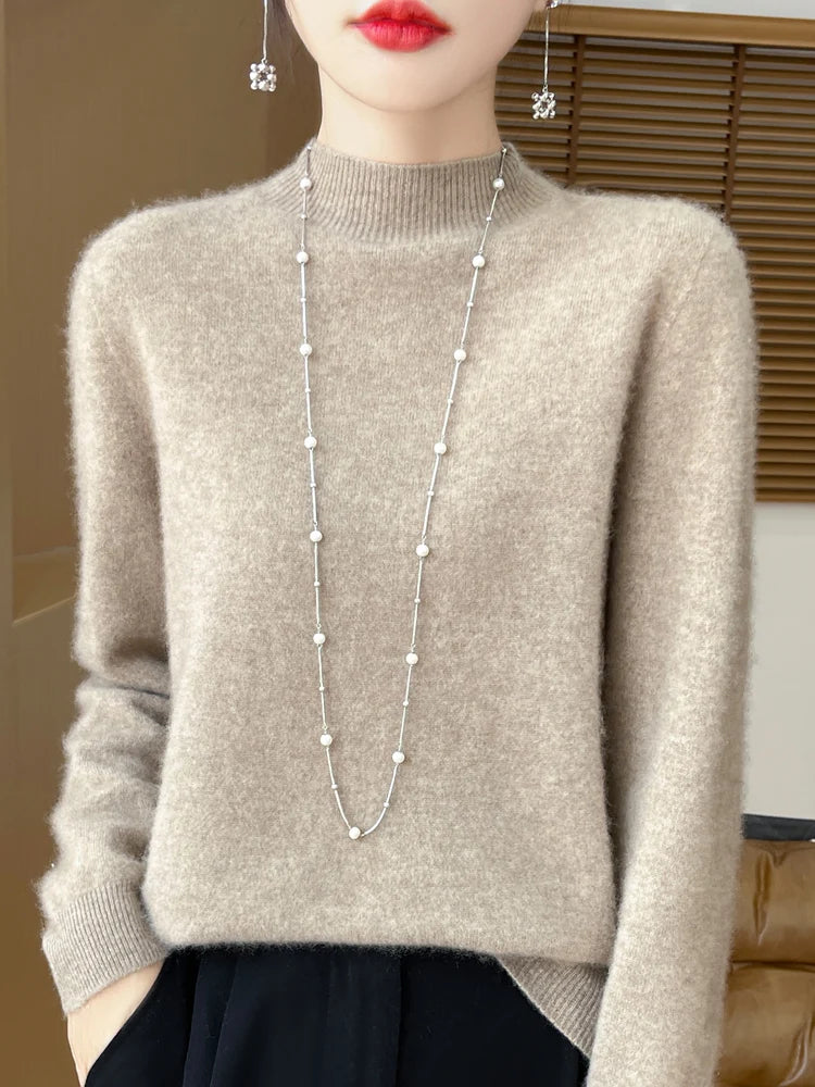 Women's Merino Wool Mock Neck Sweater, Long Sleeve
