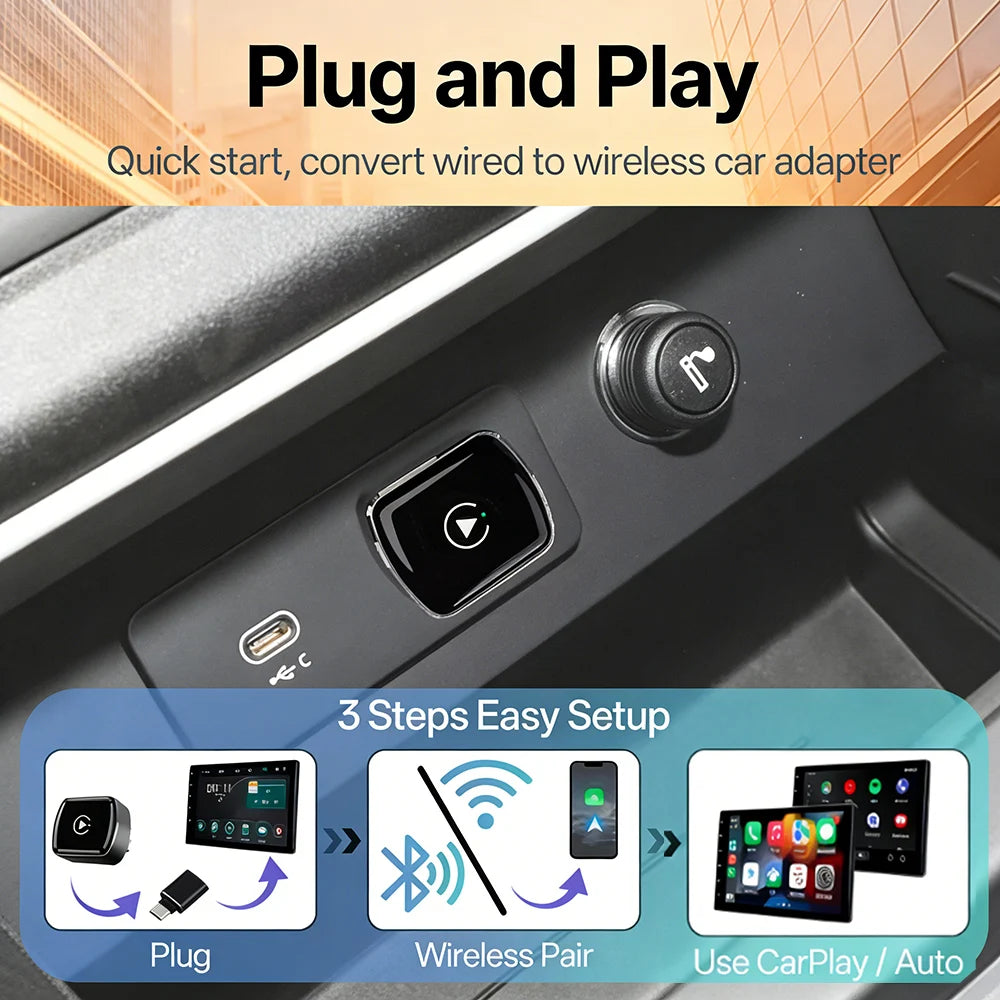 Wireless CarPlay Adapter 2026 Upgraded for iOS & Android Auto，Mini Size Wired to Wireless CarPlay, Plug & Play, Car Play Adapter