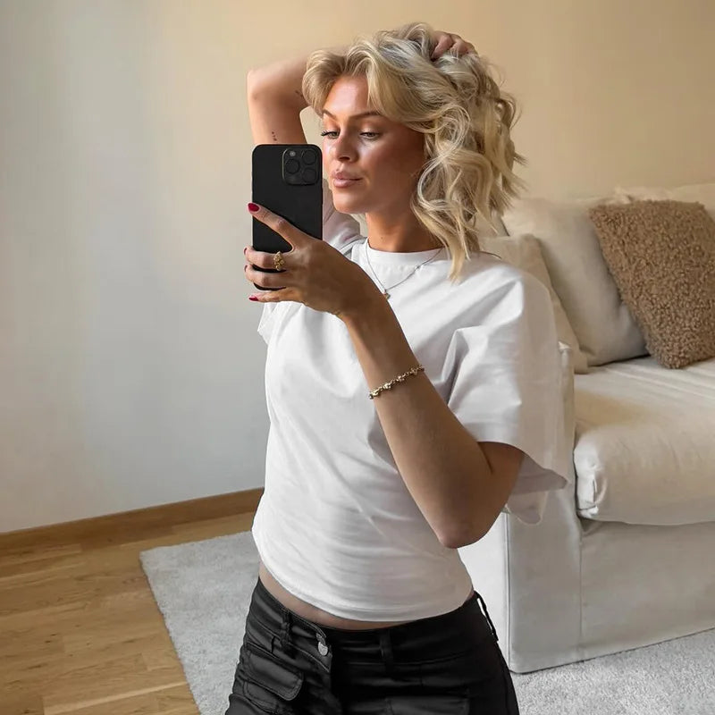 Fashion Casual Solid Gray Cropped T-shirt 2026 Woman Clothes O-neck Corset Tops Streetwear Girls Spring Summer Short Tee Shirts
