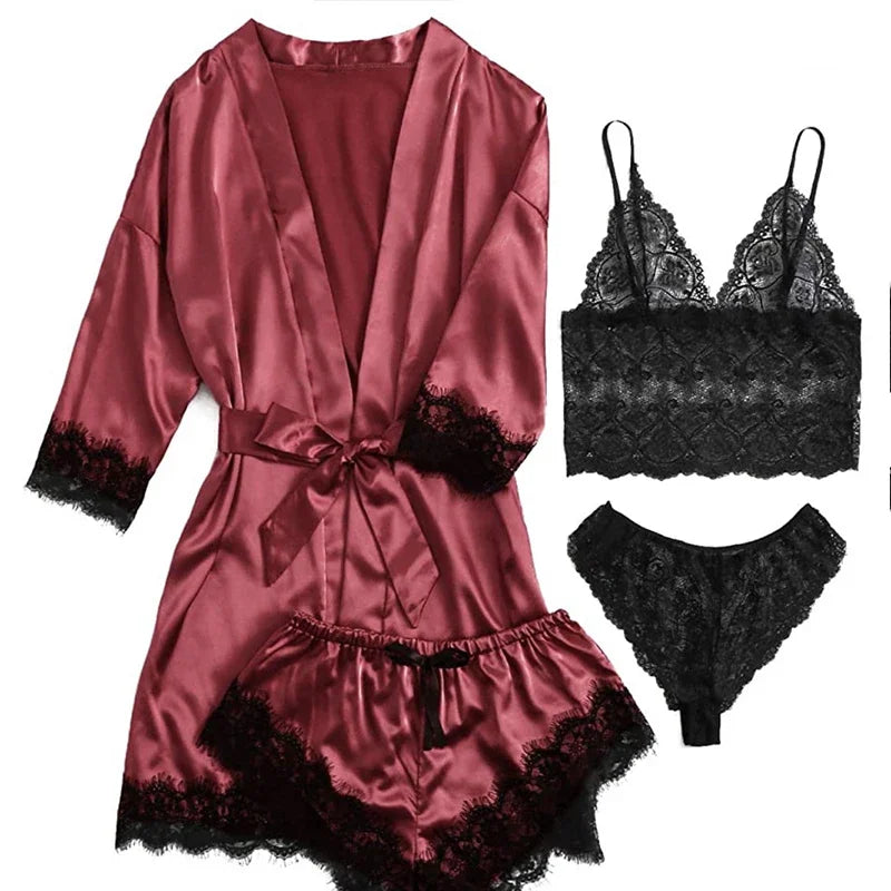 Women's 4-Piece Lace Camisole Pajama Set – Sexy Lingerie Nightgown, Shorts, Robe & Leisurewear | S–XXL (7 Colors)
