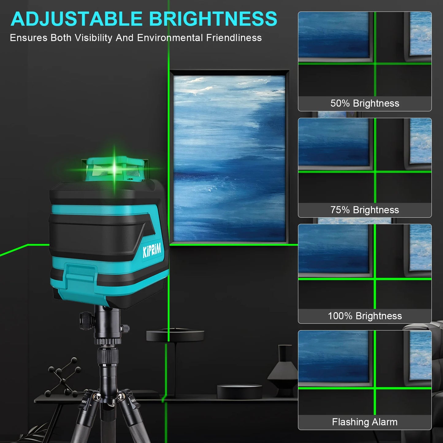 Kiprim Laser Level 2/5 Lines 360° – Automatic Self-Leveling Green Light Cross Laser for Construction