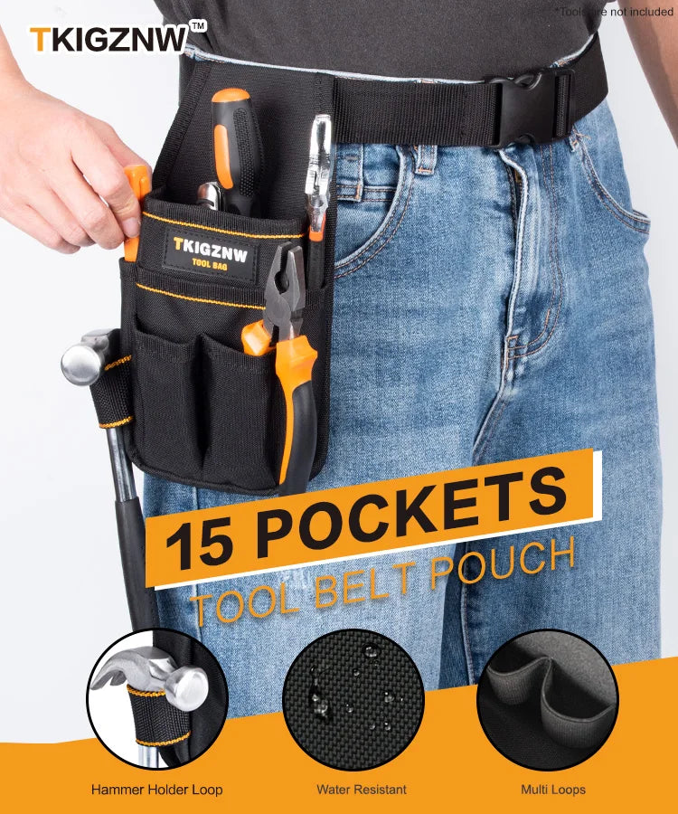 TKIGZNW Pocket Tool Pouch，6-Pouches and 9 Screwdriver Loops Construction, Heavy-Duty Tool Bag with Adjustable Belt for Electrici