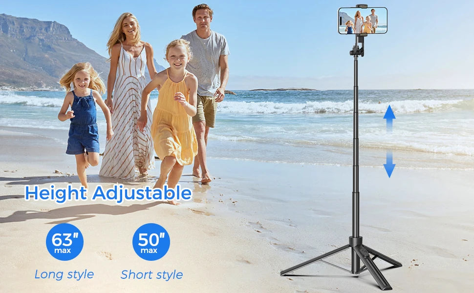 Selfie Stick Travel Tripod for Cell Phone with Remote Control and Phone Holder, Extendable Selfie Stick for iPhone, iPhone Tripod for Video Recording, 50 Inch, Black