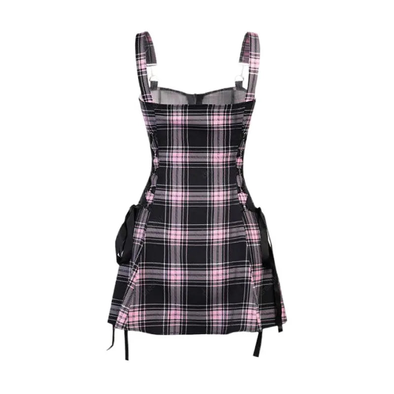 Dark Gothic Women Plaid Dress High Waist Bodycon Vintage Punk Harajuku Lolita Sleeveless Streetwear Y2K Sexy A-Line Mini Dresses