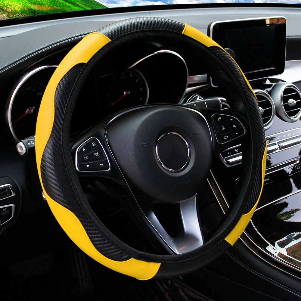 Carbon Fiber PU Leather Steering Wheel Cover – Universal Fit 14.5–15 Inch | Anti-Slip Car Interior Accessory