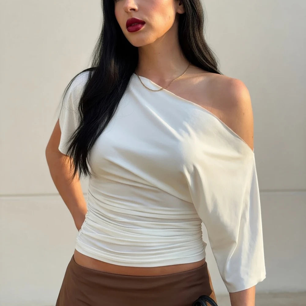 Women's One Shoulder Slim Crop Top – Short Sleeve Y2K Streetwear Tee