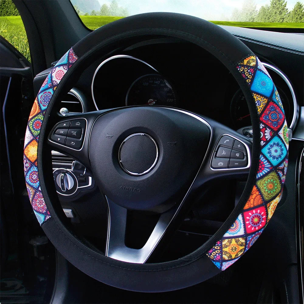 38cm Elastic Car Steering Wheel Cover Ethnic Style Print Anti-slip Car Styling Car Steering-wheel Cover Interior Accessories