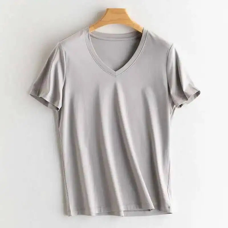Women's Luxury Mulberry Silk Cotton T-Shirt – Loose Round Neck Short Sleeve Solid Basic Top